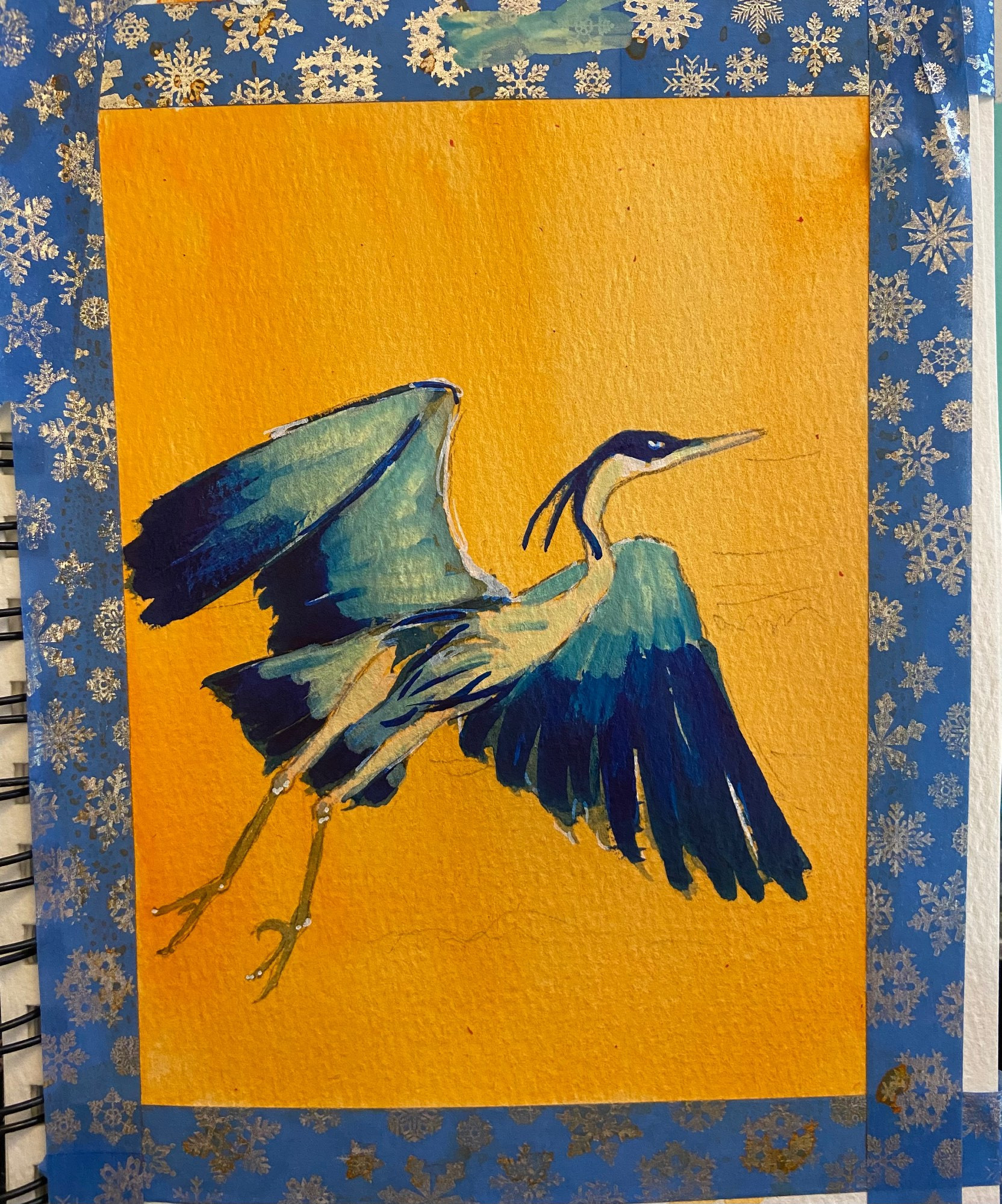 A heron in fight against an orange bg